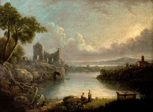 Escena fluvial con mar y ruinas clásicas de Richard Wilson